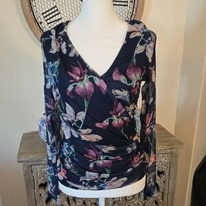 VENUS Navy Floral V-Neck Blouse With Sheer Long Sleeves With Side Ruching NWOT